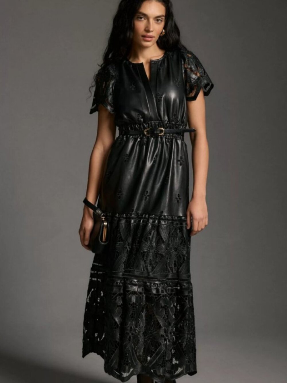 NWT Anthropologie The Somerset Maxi Dress: Faux Leather Embroidered BLACK XXS 00